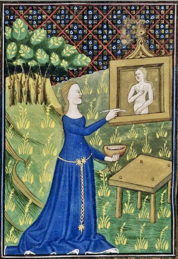 Detalle de una miniatura en la que se representa a Timarete pintando a Diana (1400-1425). La original se conserva en la British Library.
